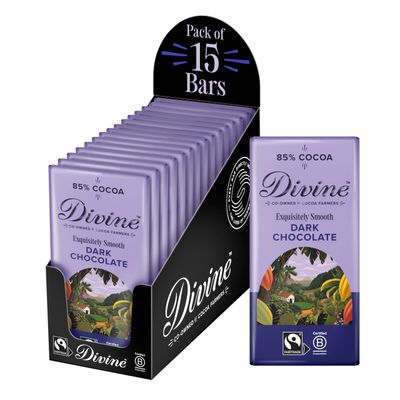 Divine 85% Cocoa Dark Chocolate 15 x 90g Bars - Fairtrade Dark Chocolate - Smooth Rich Flavour - Ethical Premium Chocolate