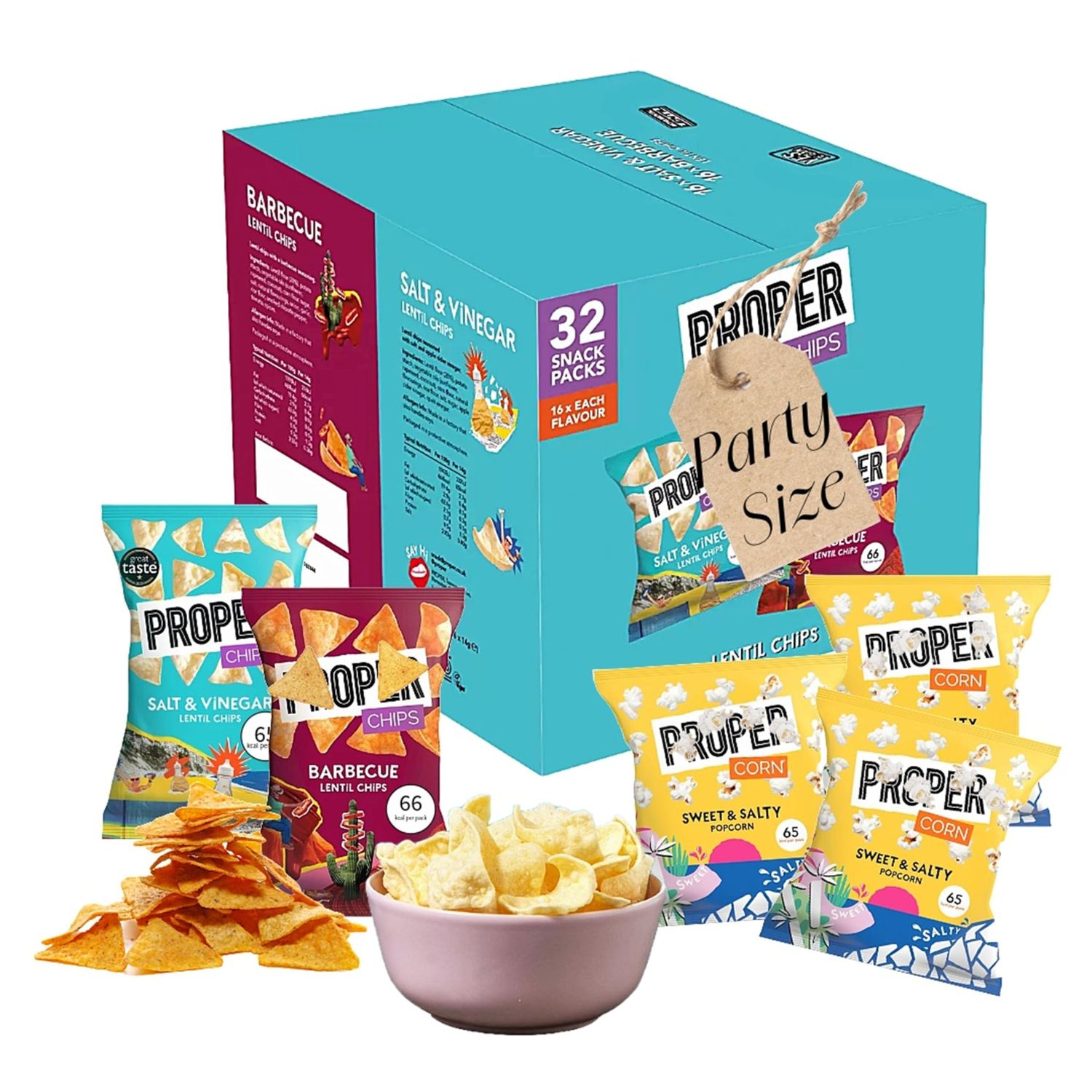 Gluten Free Lentil Crisps Multipack - Box of 32 Vegan Lentil Chips BBQ &amp; Salt Vinegar Low Calorie Snacks with EXTRA 3 x 14g Sweet &amp; Salty Popcorn Bags. Healthy Snacks for Lunch Box, Movie Night