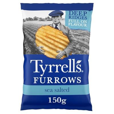 Tyrrells Crisps Furrows SEA SALTED 150g Sharing Bag - Hand-cooked & spun for an exquisite fresh taste. No artificial ingredients (No artificial flavour, colours or MSG)
