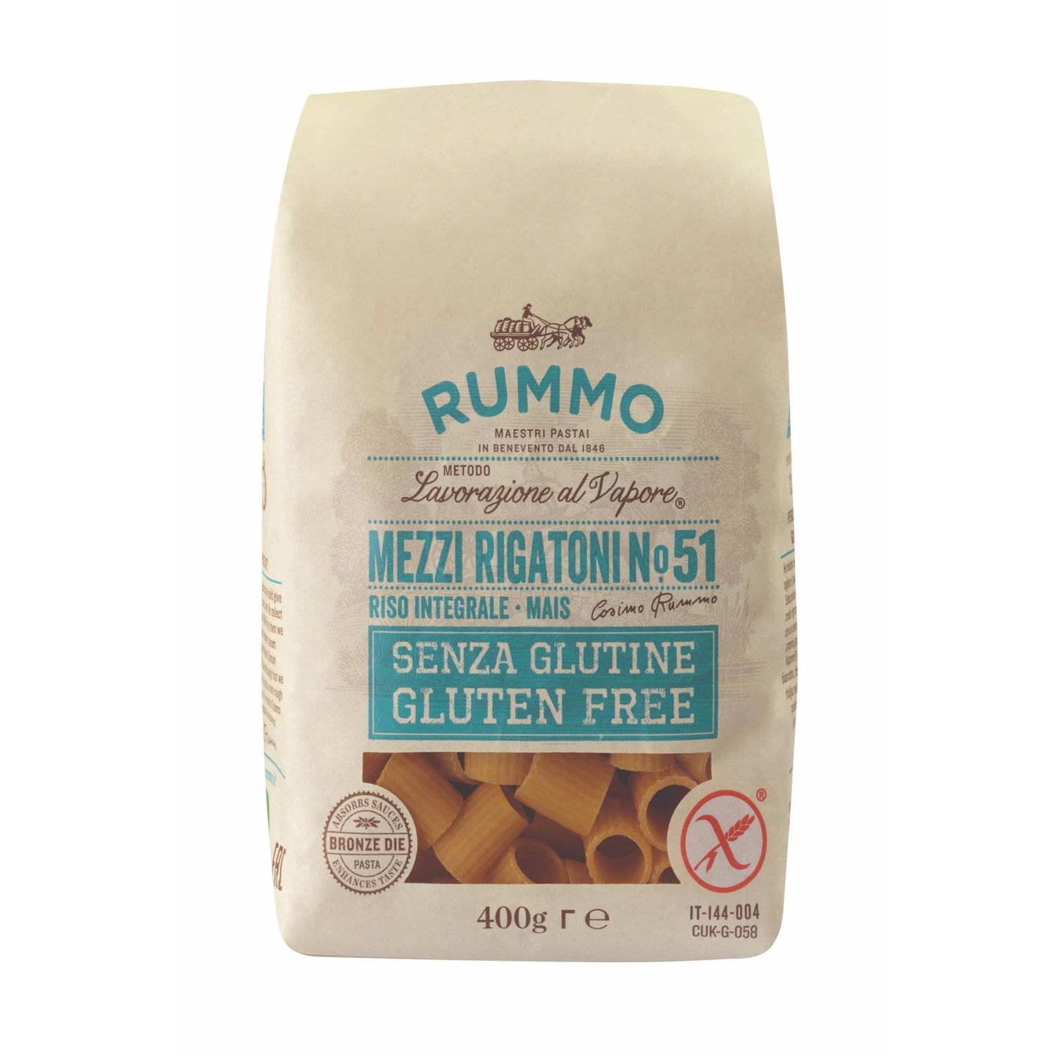 Rummo Gluten-Free Mezzi Rigatoni No. 51 - Premium Italian Pasta, Artisan Crafted, Short Tubular Shape, 400 g (Pack of 1)