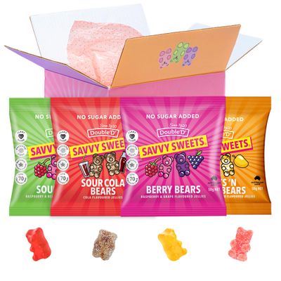 SAVVY Sweets Mixed Gummy Bears Variety Pack - Low Sugar, High Fibre, All Natural, Prebiotic Vegan, Gluten-Free 75 Calories 4 x 50g (Berry, Sour Cola, Sour & Fruits and Cream)