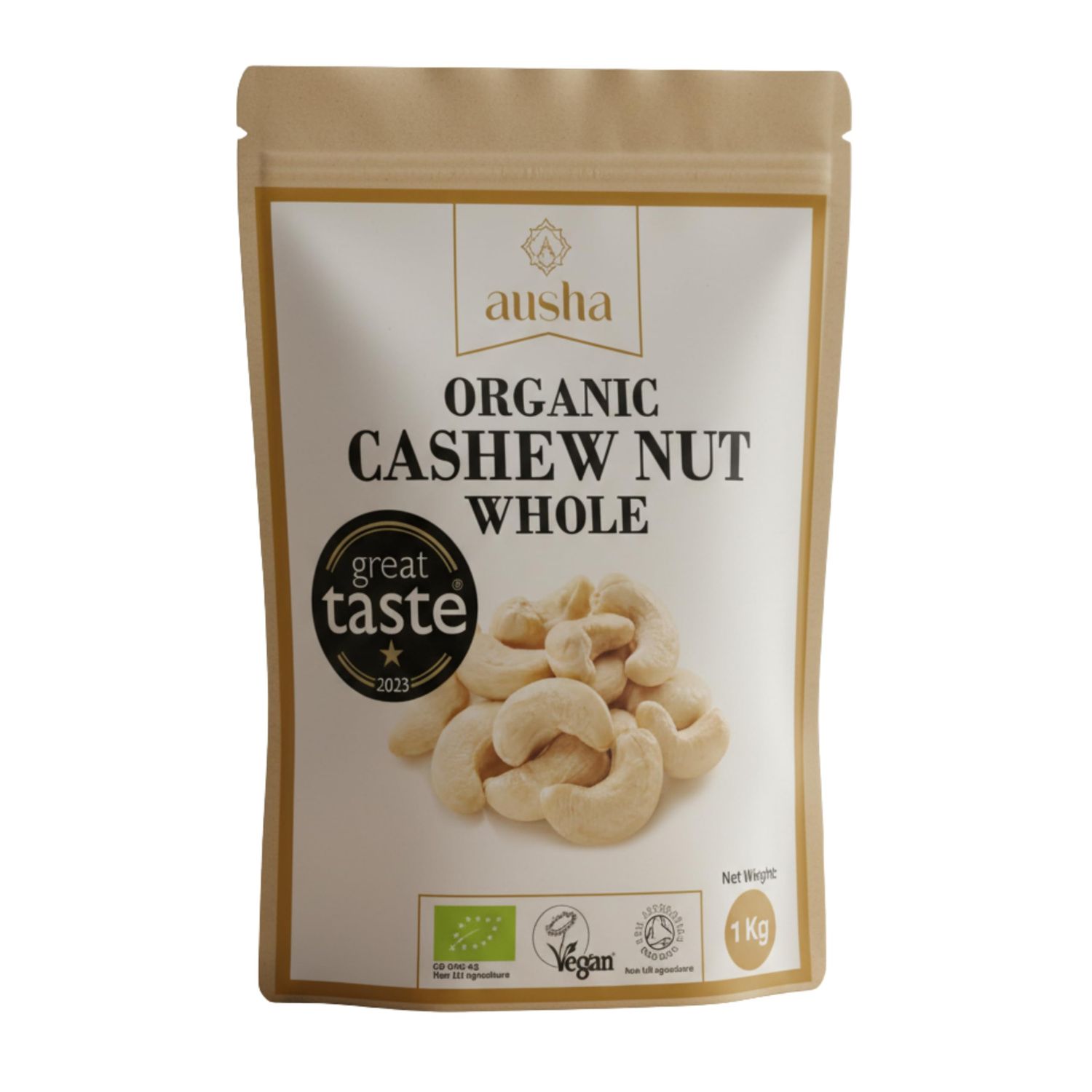 Ausha Organic CASHEW NUTS Whole 500g - 1 GREAT TASTE AWARD 2023 - UK Certified Organic by Soil Association