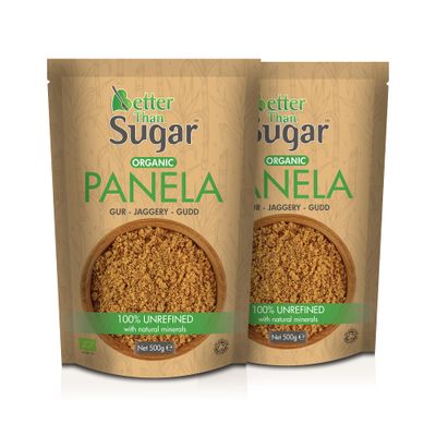 Better Than Sugar Organic Panela Brown (2×500g) - 100% Unrefined Whole Cane Sugar, Natural Sweetener, Gur/Jaggery/Gudd, Suitable For Vegan & Non-GMO Diets Granulated Panela