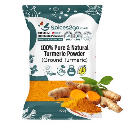 Spices2Go Premium Turmeric Powder - 100% Pure Turmeric Ground, Curcumin, Holud Haldi Haldar Haladi, Long Shelf Life, GMO-Free, Made In Britain, Haldi, Tumeric (100G) Spices2Go Premium Turmeric Powder - 100% Pure Turmeric Ground, Curcumin, Holud Haldi Haldar Haladi, Long Shelf Life, GMO-Free, Made In Britain, Haldi, Tumeric (100G)