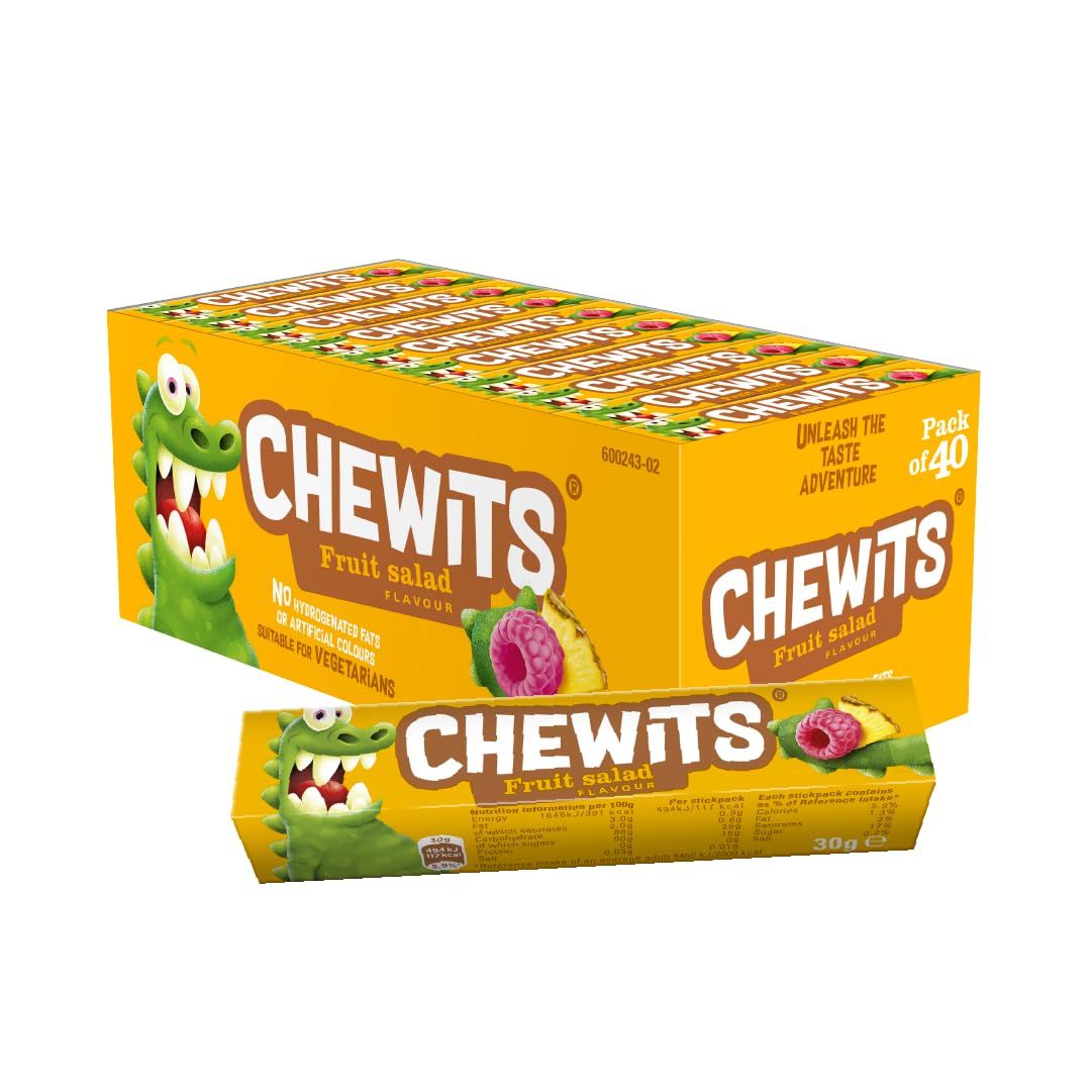 Chewits Sweets - Fruit Salad Sweets, Chewy &amp; Fruity - Bulk Box x40 Sticks - Made with Real Fruit Juice - Vegetarian, No Artificial Colours - Nostalgic Classic British Sweet Treat for Sharing &amp; Gifting