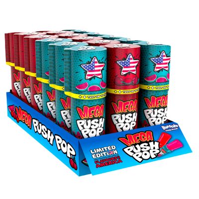 Mega Push Pop Lollipops USA Edition (Pack of 18 Lollipop Sweets Bulk) Twist Cap and Clip, Tasty Kids Sweets for Party Bags, Watermelon & Cherry Pie Lollies - Halal Candy