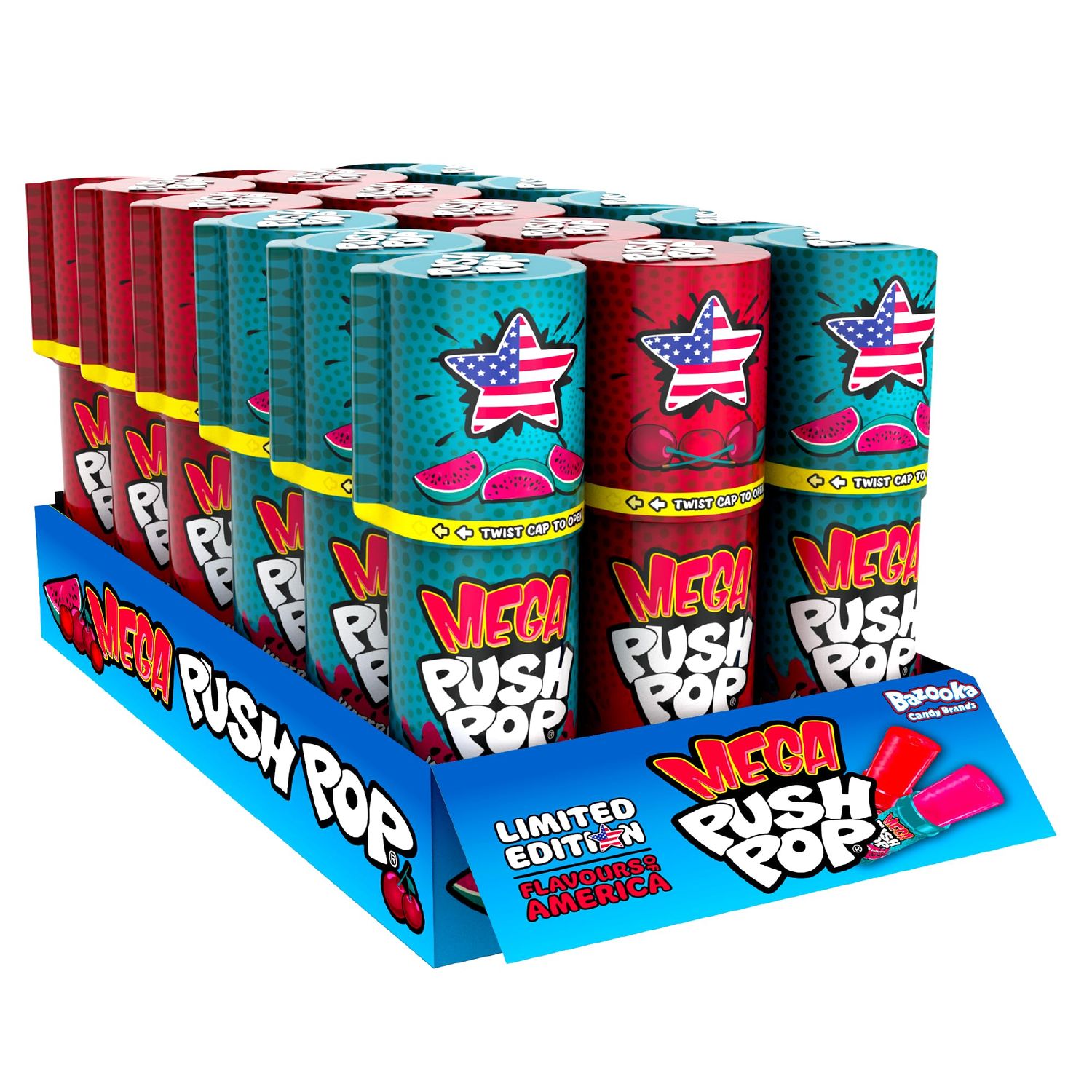 Mega Push Pop Lollipops USA Edition (Pack of 18 Lollipop Sweets Bulk) Twist Cap and Clip, Tasty Kids Sweets for Party Bags, Watermelon &amp; Cherry Pie Lollies - Halal Candy
