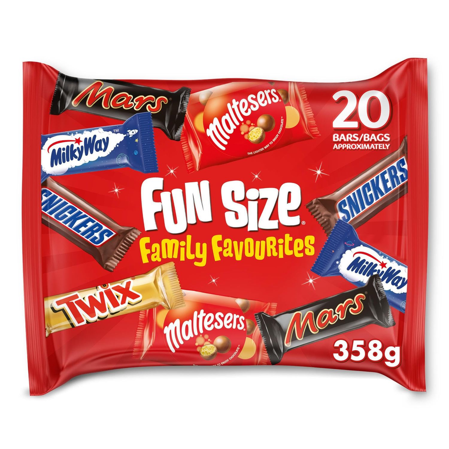 Mixed Chocolate Bars Multipack 358g - 20 Fun Size Milk Chocolate Bars with Mars, Twix, Snickers, Milky Way &amp; Maltesers, Bulk Chocolate Bag, Sharing, Gifts, Snacks &amp; Party Bags