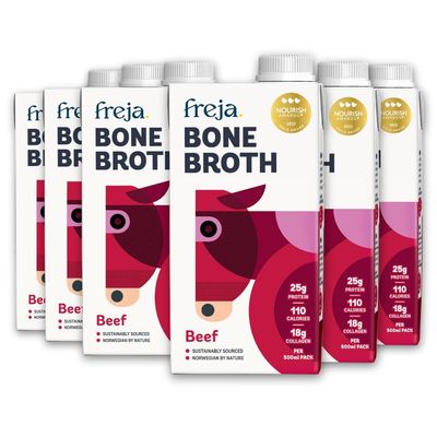 Freja Beef Bone Broth Grass-Fed Collagen, Protein & Amino Acids Low Carb, Keto & Gluten Free Clear Liquid Broth, not Beef Stock Cubes, Powder or Concentrate 6 x 500ml