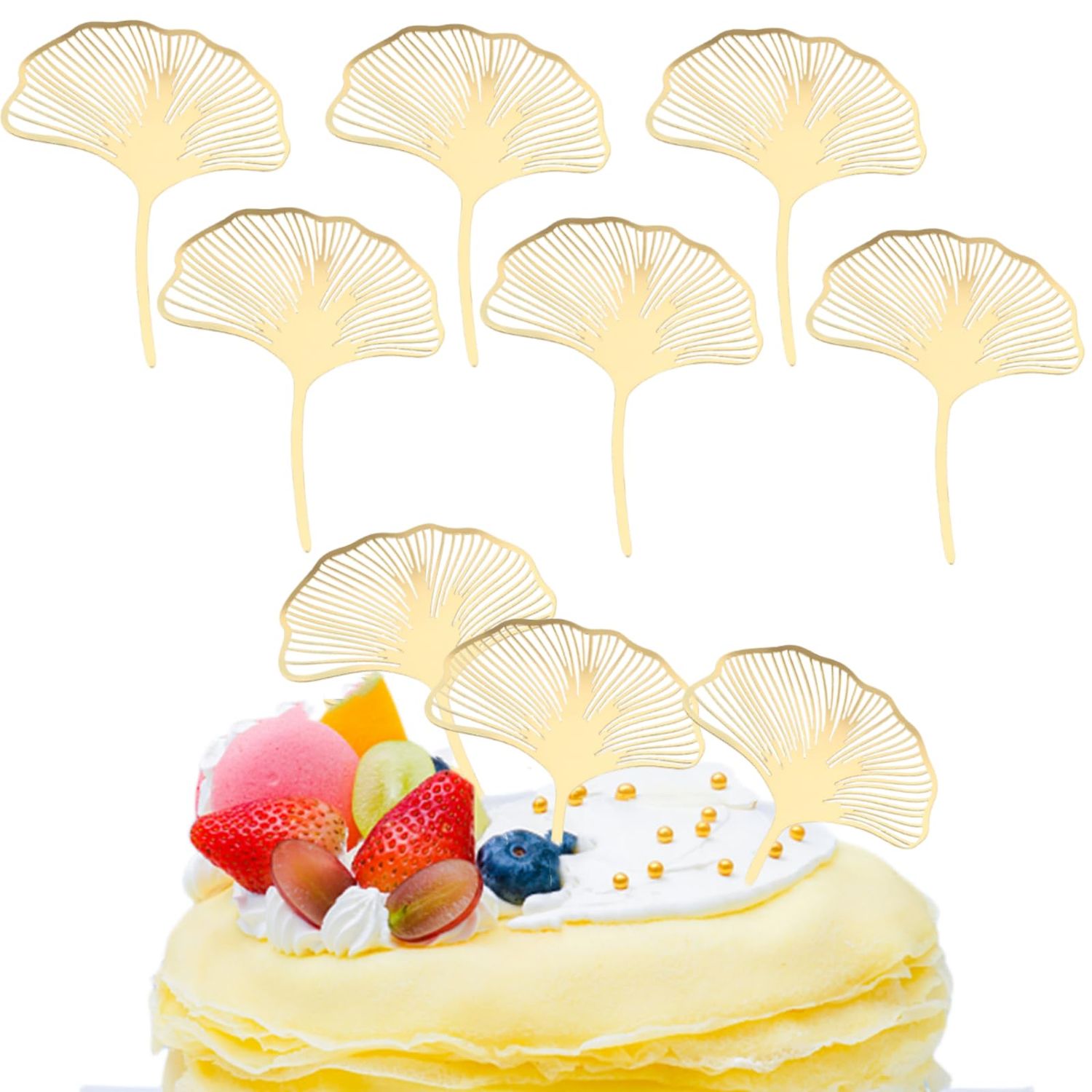 MENGYF 6 Pcs Acrylic Gold Ginkgo Leaves Cake Topper Happy Birthday Cake Topper Baking Accessories Party Supplies Cake Decorating Tools