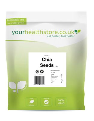yourhealthstore Raw Chia Seeds 1kg, 100% Natural, Vegan, High in Fibre, Gluten Free, Resealable and recyclable pouch.