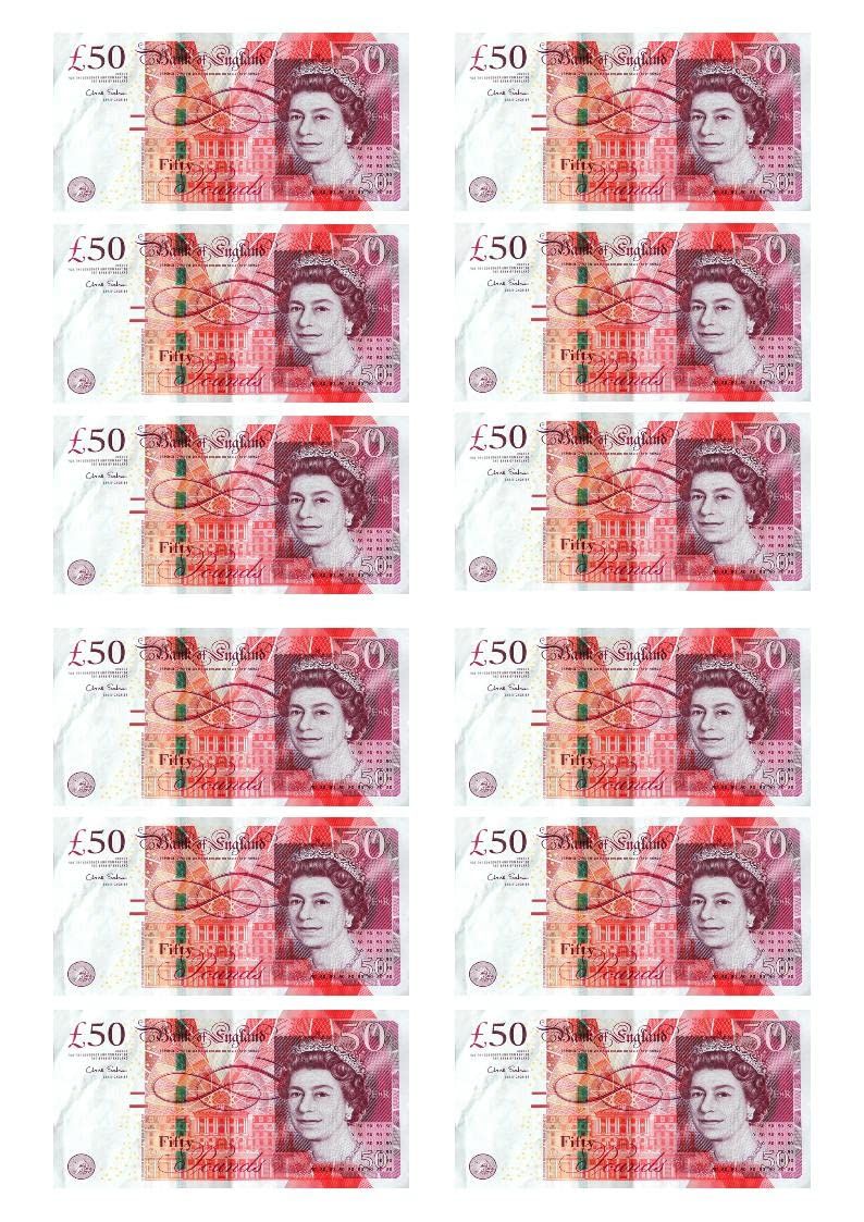 12 x 50£ Notes Edible Money Pounds Edible Rice Paper Cupcake Toppers Cake Decorations Birthday Note