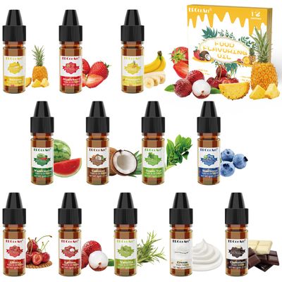 Food Flavouring Oil- 12 Pack Concentrated Flavoring Oil, Flavour Drops, Extracted Oil Liquid Lip Gloss Flavouring Oil for Baking, Cooking, Cosmetics, Soap Making- Water &amp; Oil Soluble - 6 ml