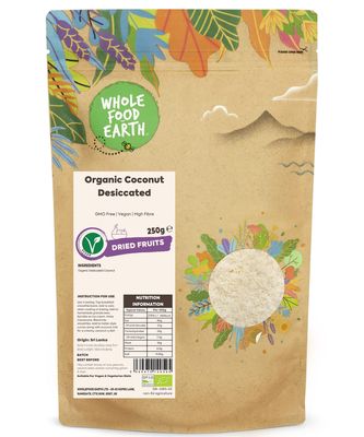 Wholefood Earth Organic Coconut Desiccated - 250g GMO Free Vegan High Fibre Certified Organic