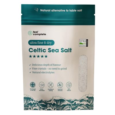 Feel Complete 800g Ultra Fine & Dry Celtic Sea Salt Powder No Need To Grind Organic Approved Essential Minerals & Electrolytes Natural Alternative to Table Salt Lab Tested