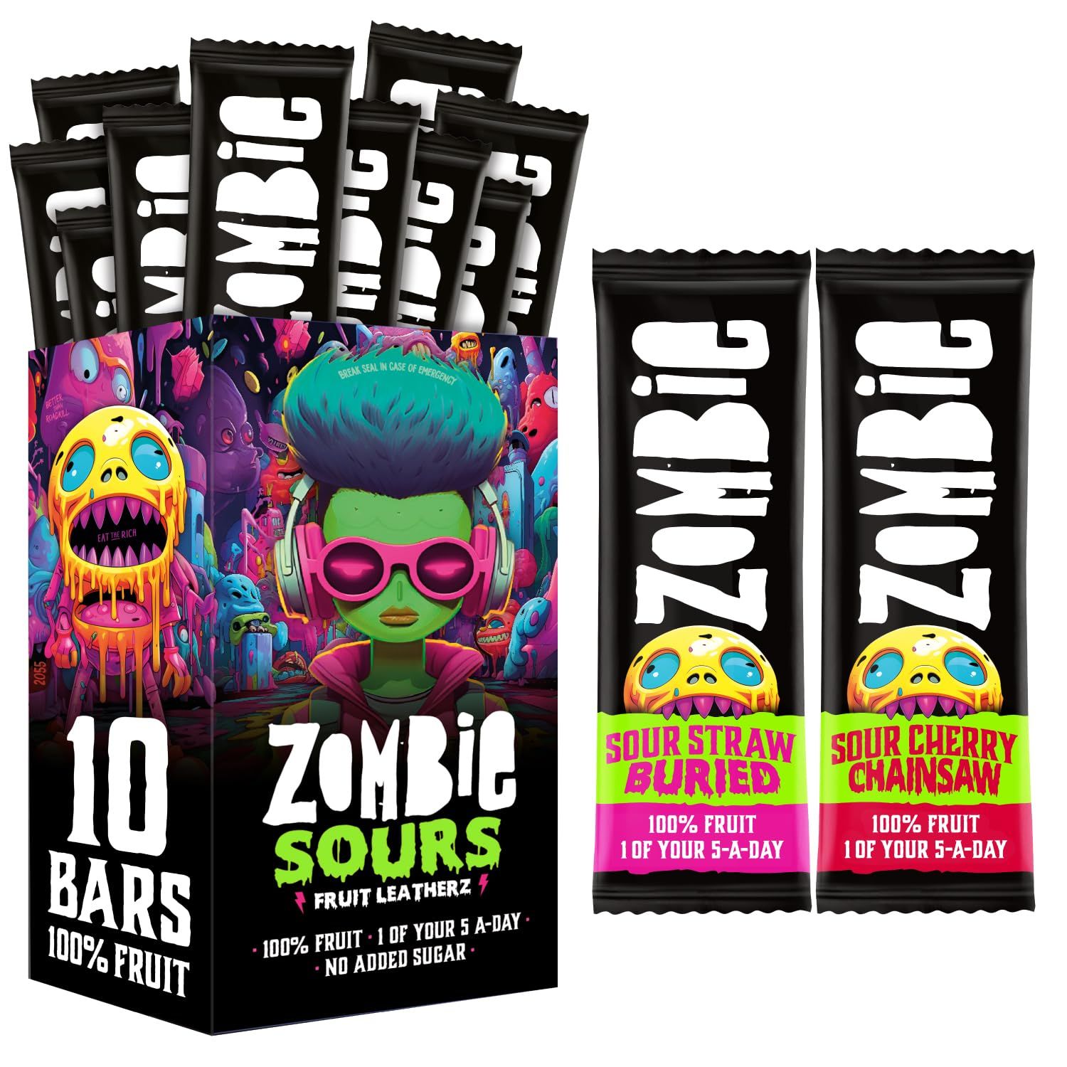 Zombie Fruit Bars, Sour Strawberry &amp; Sour Cherry (10 Bars, 2 Flavours), 100% Dried Fruit, Healthy Snacks for Adults, Kids, Low Calorie, Gluten Free, Vegan, Halal, Bulk, Real, No Added Sugar, Natural