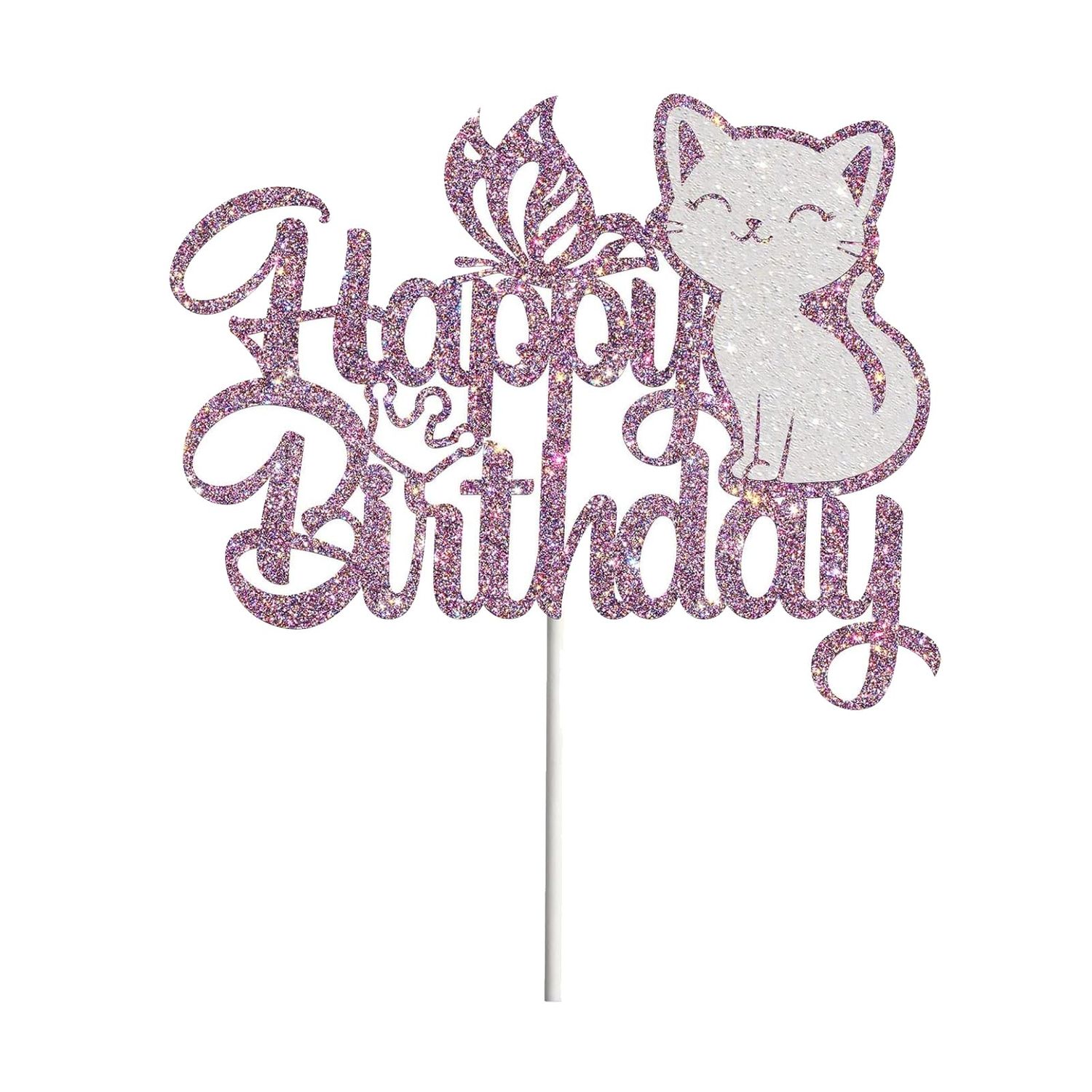 5.9in Cat Happy Birthday Cake Topper, Butterfly Cake Topper, Kitten Pet Themed Birthday Cake Topper, Cute Meow Pawty Birthday Party - Boy Girl Baby Shower Party Decoration