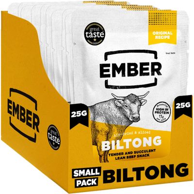 Ember Beef Biltong Original 250g - High Protein Meat Jerky Snack - Ready to Eat, Low Fat, No Added Sugar, Keto, No Artificial Colours or Flavours - Box of 10 x 25g Packs from a Family-Run UK Business