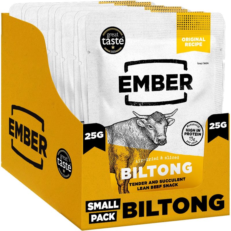 Ember Beef Biltong Original 250g - High Protein Meat Jerky Snack - Ready to Eat, Low Fat, No Added Sugar, Keto, No Artificial Colours or Flavours - Box of 10 x 25g Packs from a Family-Run UK Business