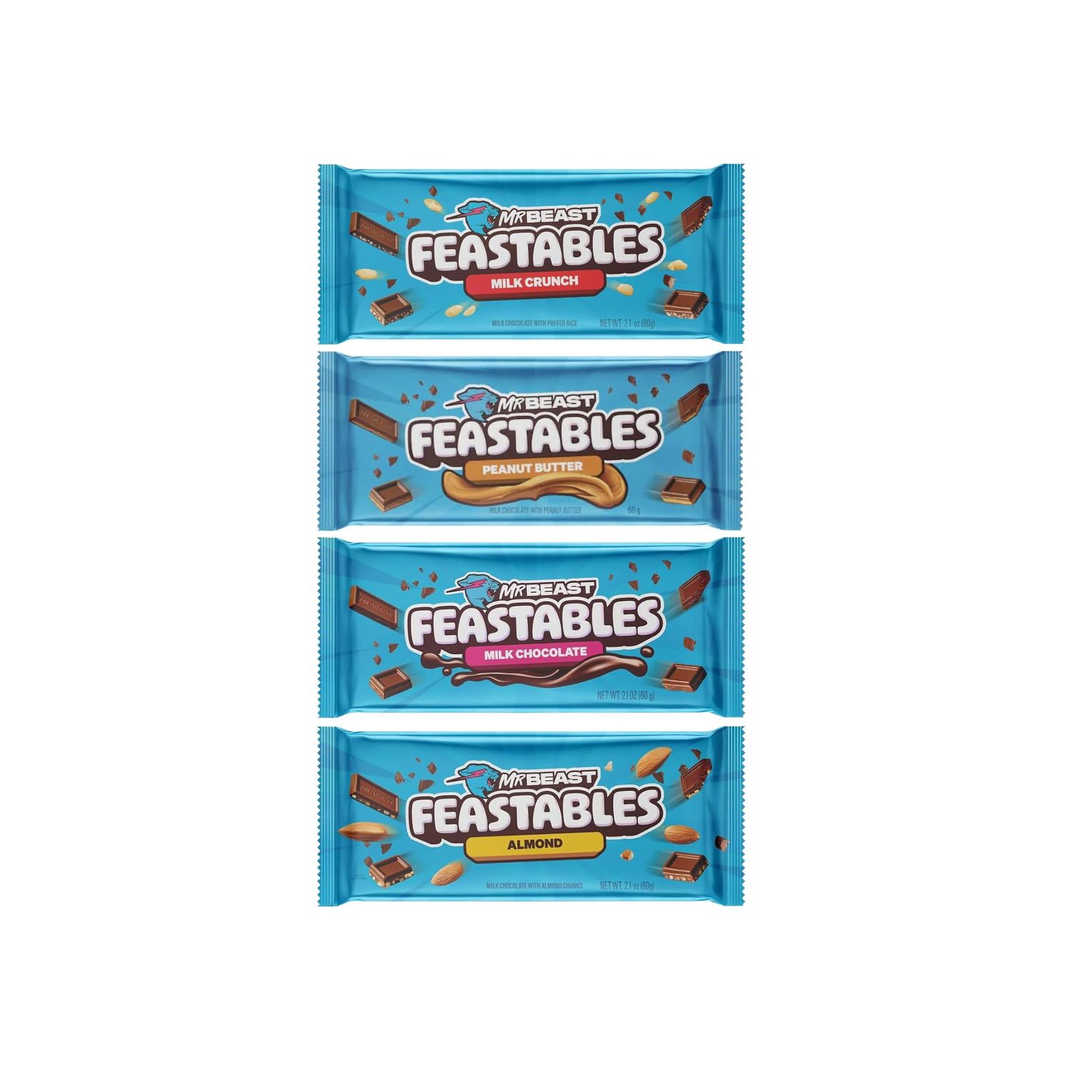 Mr Beast Feastable Chocolate Bar Mix Bundle - x1 Milk Chocolate, x1 Almond Milk Chocolate, x1 Milk Crunch, x1 Peanut Butter - 4 x 60g Bars
