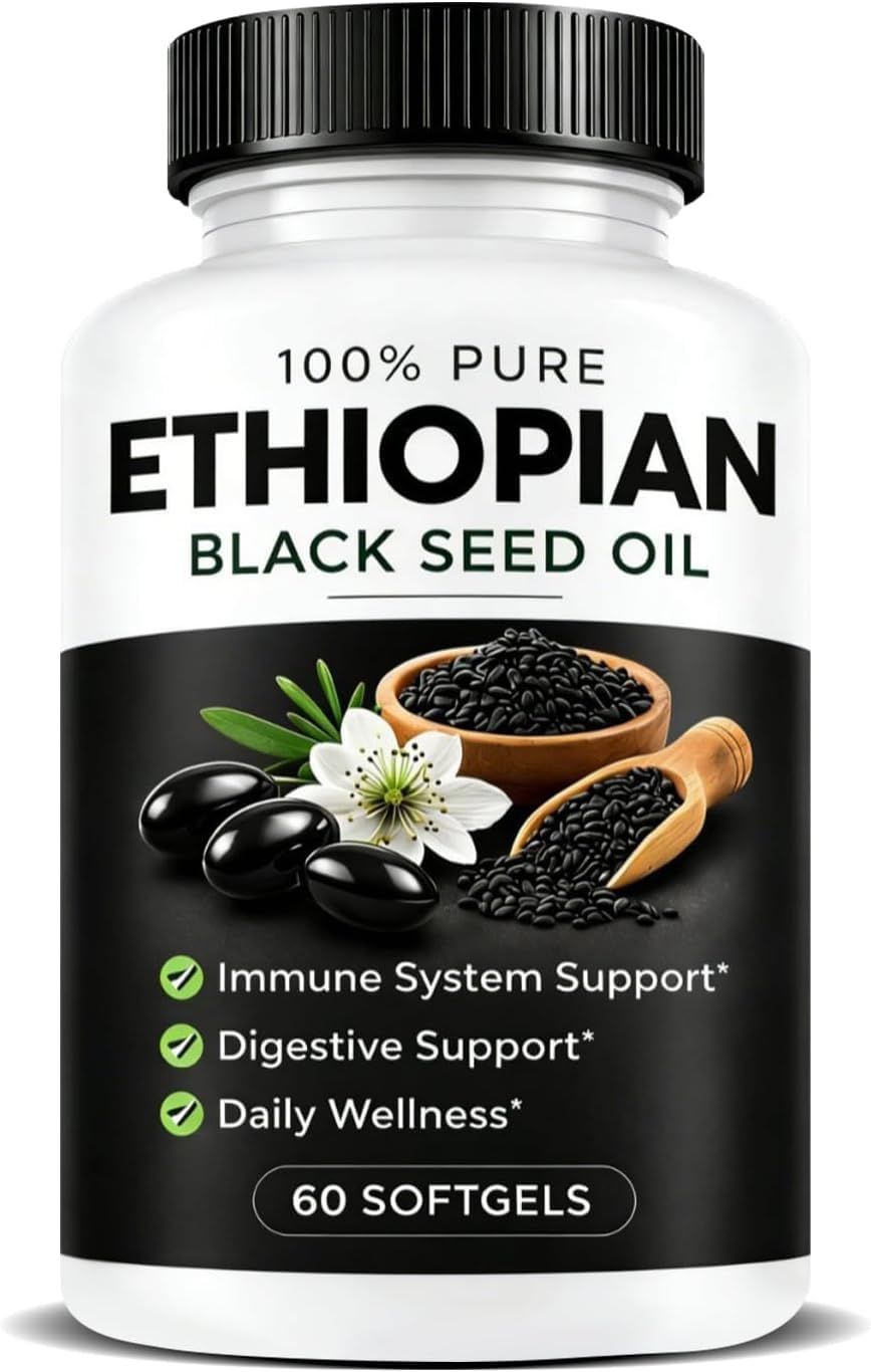 Ethiopian Black Seed Oil Capsules, Purely Ethiopian Black Seed Oils, 60 Double Premium Black Seed Oil Organic Cold Pressed, Natural Ingredients, Convenient for Daily use Men and Women