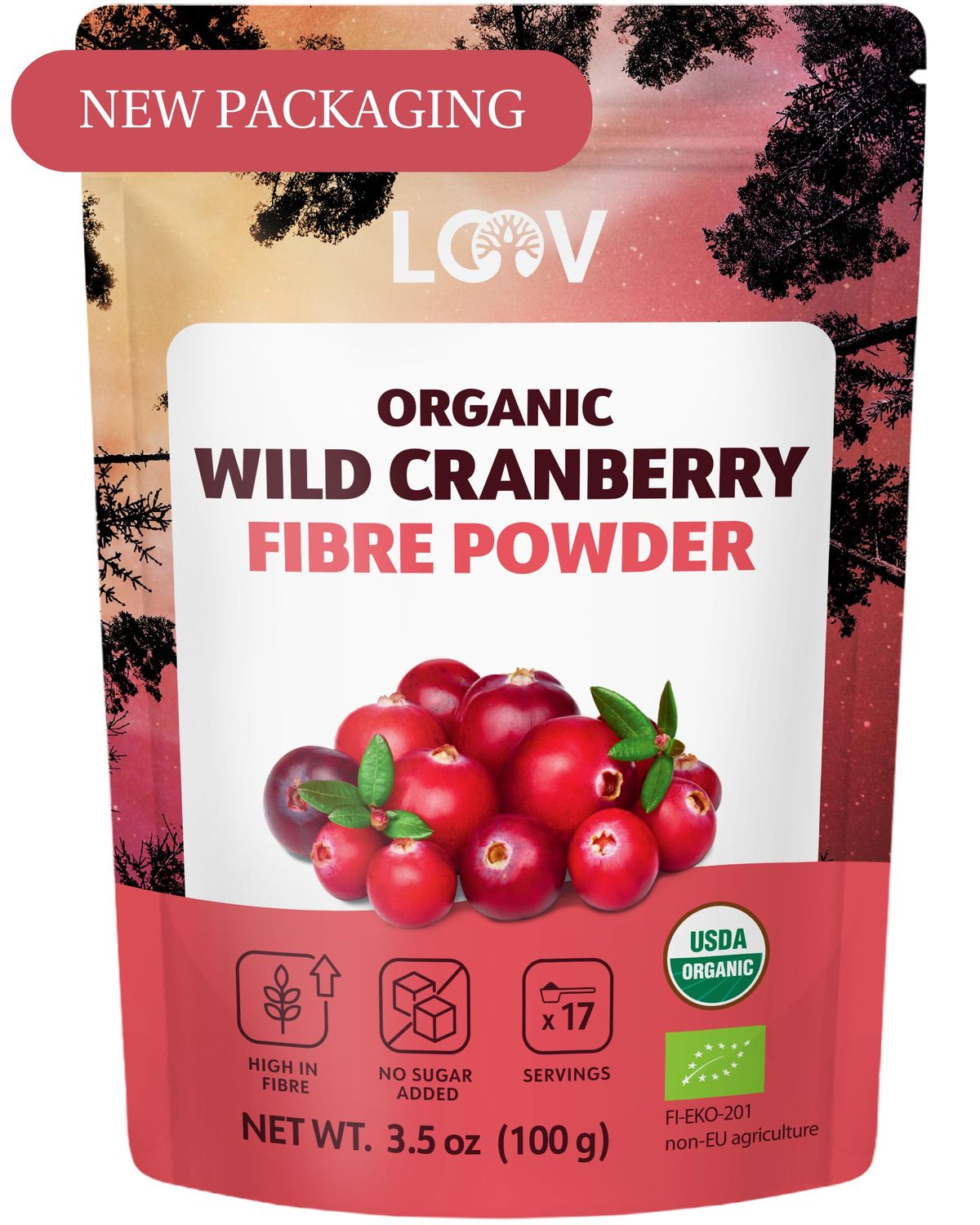 LOOV Organic Cranberry Fibre Powder (Pomace) - Made from Pure Wild Nordic Cranberry Seeds and Skins, High in Bioactive Fibre &amp; Phytonutrients, no Added Sugar, 100 g