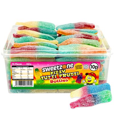 Sweetzone Fizzy Tutti Fruiti Gummy Bottles 805g - 70pcs Tub of Sweets of Nostalgic Jelly Sweets Snack - Irresistible Fruity Sweets and Gummy Sweets - Delightful Halal Sweets Treats for Everyone