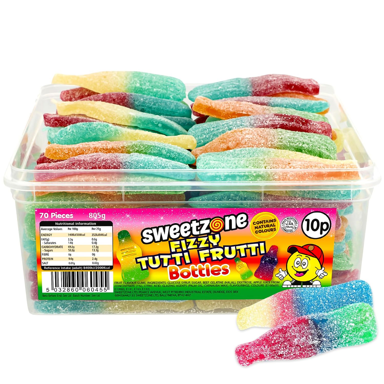 Sweetzone Fizzy Tutti Fruiti Gummy Bottles 805g - 70pcs Tub of Sweets of Nostalgic Jelly Sweets Snack - Irresistible Fruity Sweets and Gummy Sweets - Delightful Halal Sweets Treats for Everyone