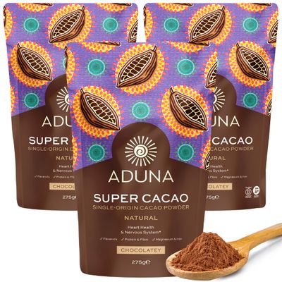 Aduna Super-Cacao Powder 100% Natural Ghanaian Cacao for Heart Health &amp; Energy Support Natural Vegan Source of Magnesium, Flavanols &amp; Iron Superfood for Hot Choco, Smoothies, &amp; Baking 3 x 275g