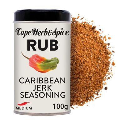 Cape Herb &amp; Spice Rub Caribbean Jerk Seasoning Condiment, Chilli Rating Medium, 100 g Tin (Pack of 1)