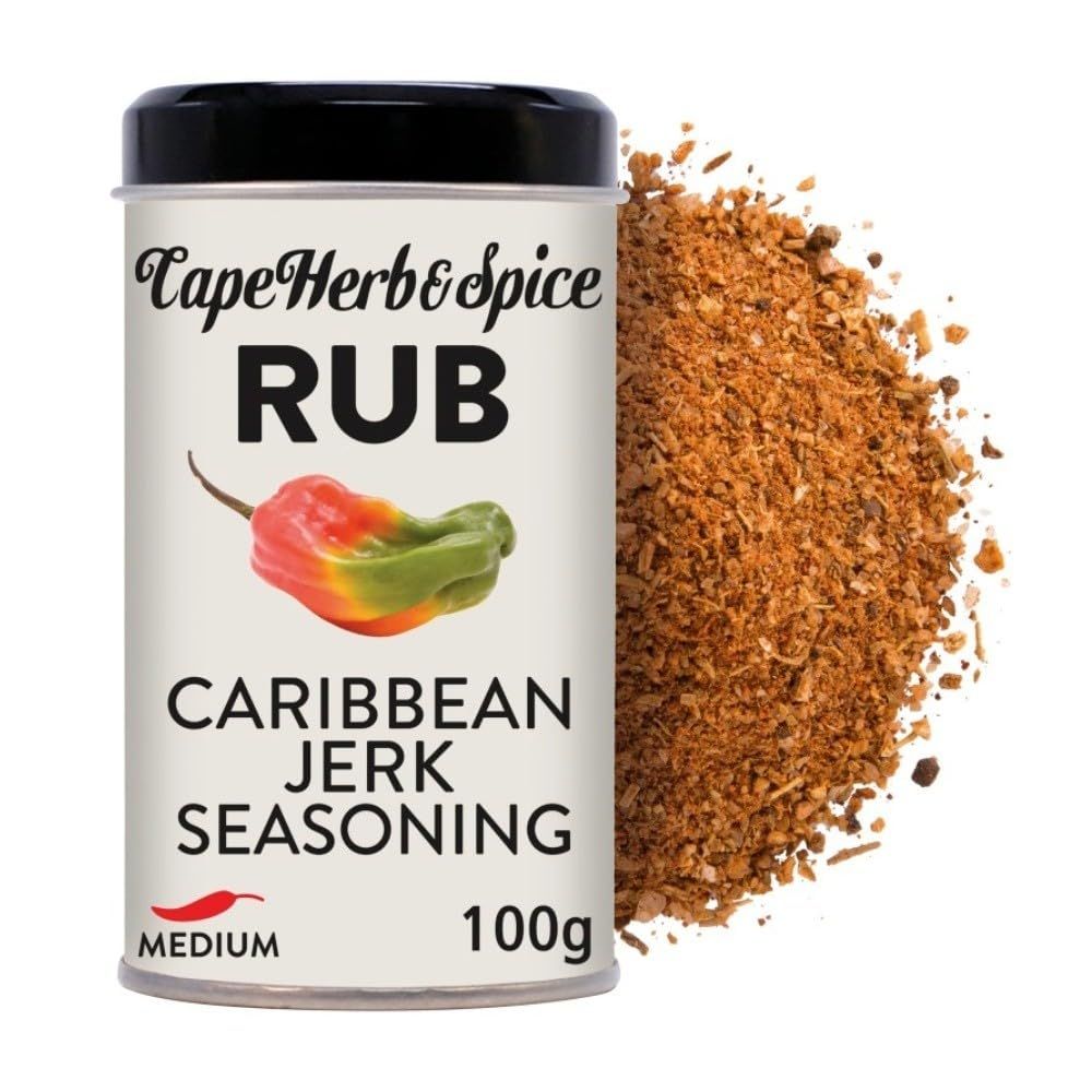 Cape Herb &amp; Spice Rub Caribbean Jerk Seasoning Condiment, Chilli Rating Medium, 100 g Tin (Pack of 1)