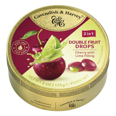 Pack of 3 Cavendish &amp; Harvey Cherry with Lime Filling Double Fruit Drops in Tin - Premium Travel Sweets with Real Fruit Juice, Hard-Boiled Candy Confectionery - Each H4 x 9.7cm Dia, 175g
