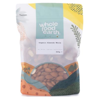 Wholefood Earth Organic Almonds Whole - 500g Raw GMO Free Vegan High Fibre Source of Protein Certified Organic
