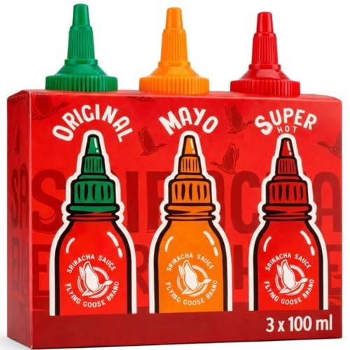 FLYING GOOSE Sriracha Hot Chili Sauces Mixing Box in 3 Flavours, Ideal for Gifting, Seasoning Sauces from Thailand for Seasoning, Dipping and Refining, 3 x 100 ml Multipack
