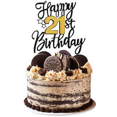 Nogeqi Glitter 21st Birthday Cake Decorations, Happy 21st Birthday Cake Topper for Birth Day Anniversary Party Supplies (Black, Gold)