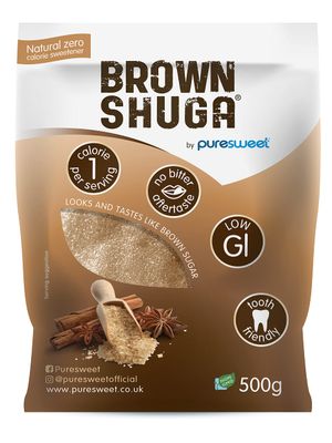Brown Shuga® by Puresweet 500g, Natural Brown Sugar Alternative, No Bitter Aftertaste, Keto and Diabetic Friendly, Non GMO, Vegan, With Stevia.