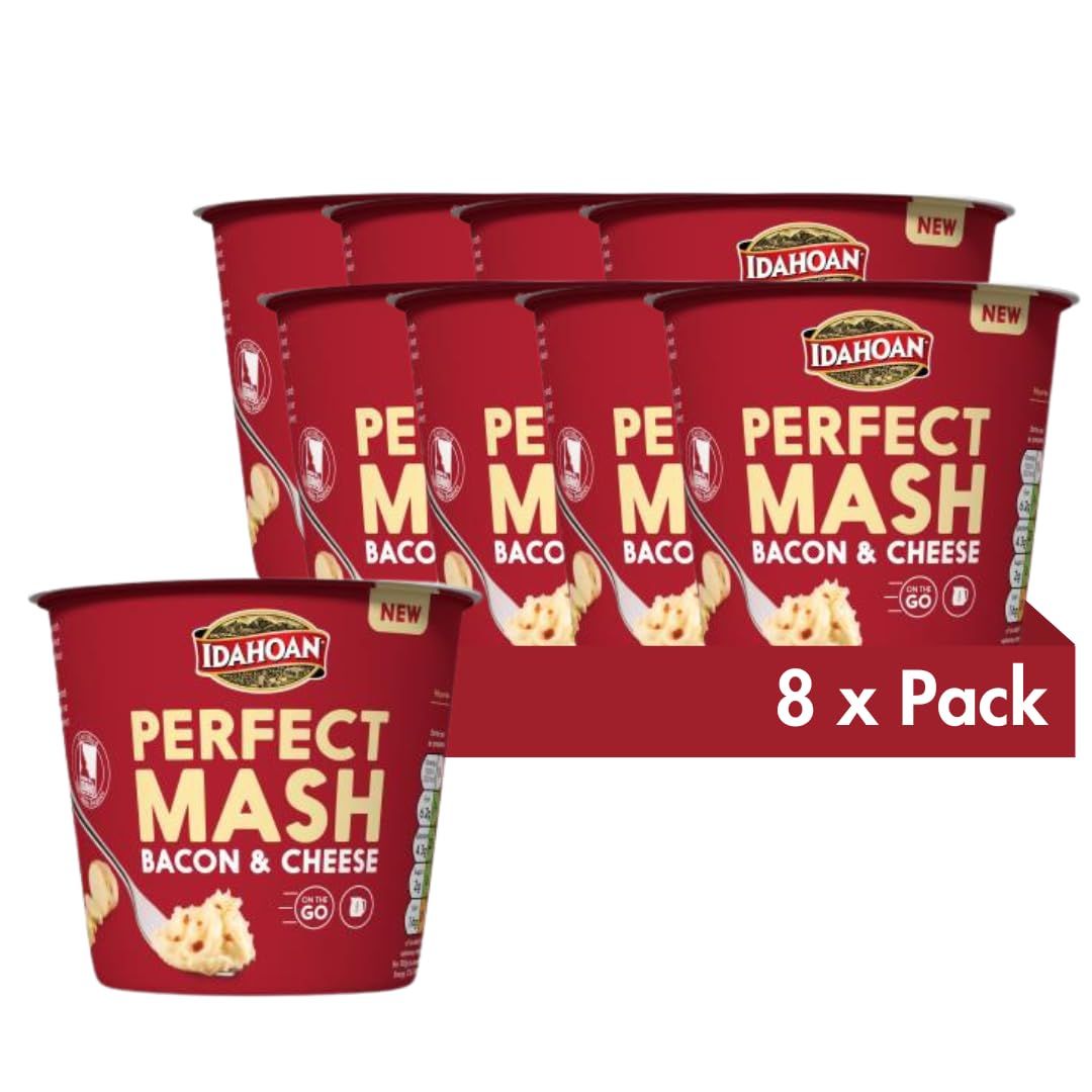 Idahoan Bacon and Cheese Mashed Potato Pots 55g - Dried Potato Mash Vegetarian and Gluten Free Instant Potato Pot Cooks in 1 Minute, Quick Lunch, Bulk Ready to Eat (Pack of 8)