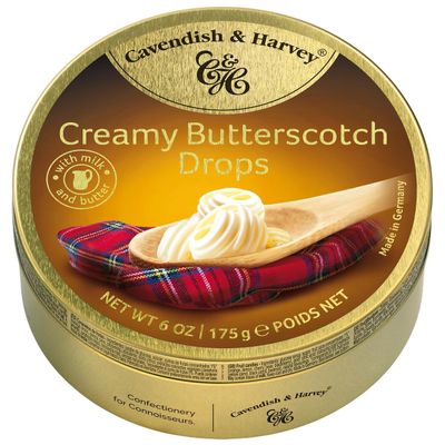 Pack of 3 Cavendish &amp; Harvey Butterscotch Drops in Tin - Premium Traditional Flavour Travel Sweets, Confectionery Hard-Boiled Candies - Each H4 x 9.7cm Diameter, 175g