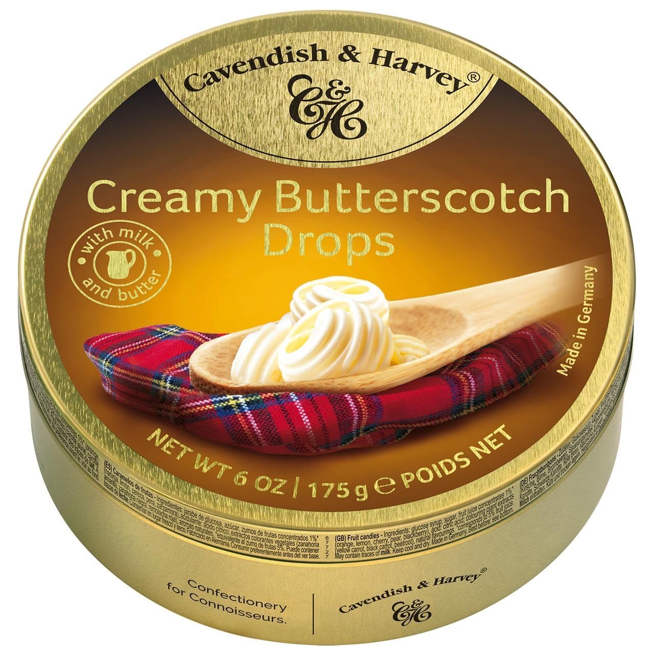 Pack of 3 Cavendish &amp; Harvey Butterscotch Drops in Tin - Premium Traditional Flavour Travel Sweets, Confectionery Hard-Boiled Candies - Each H4 x 9.7cm Diameter, 175g