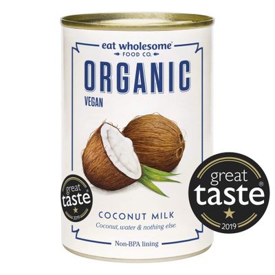 Eat Wholesome Organic Coconut Milk, 400ml (Pack of 4) - 100% Natural, Just Coconuts &amp; Water, Award-Winning, For Cooking &amp; Baking, Vegan, No Guar Gum, Non-BPA Lining