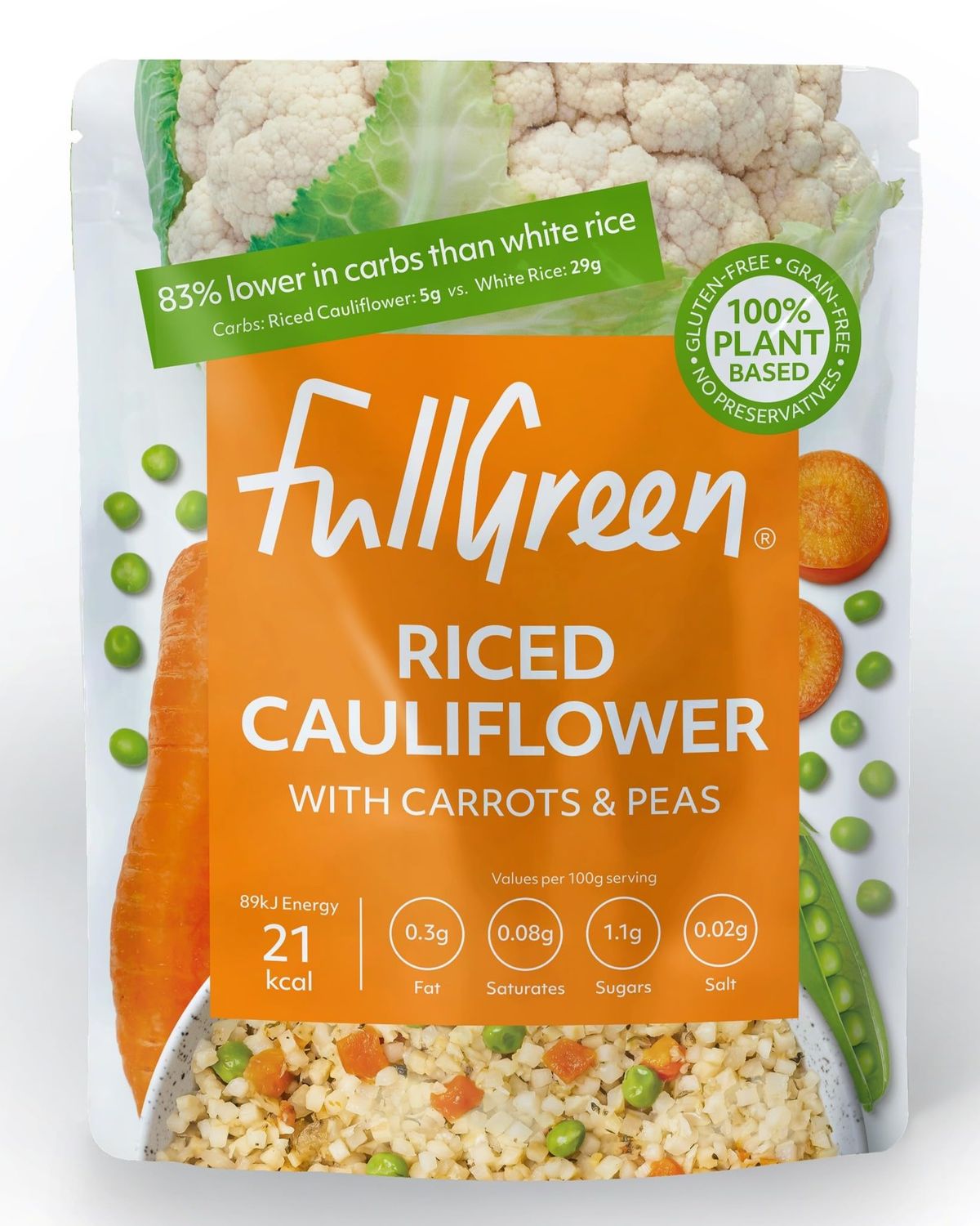 Fullgreen Riced Cauliflower with Carrots &amp; Peas - Case of 6. 100% Veg, shelf-stable, no preservatives, vegan, keto and 87% lower-carbs than rice! Made in the UK