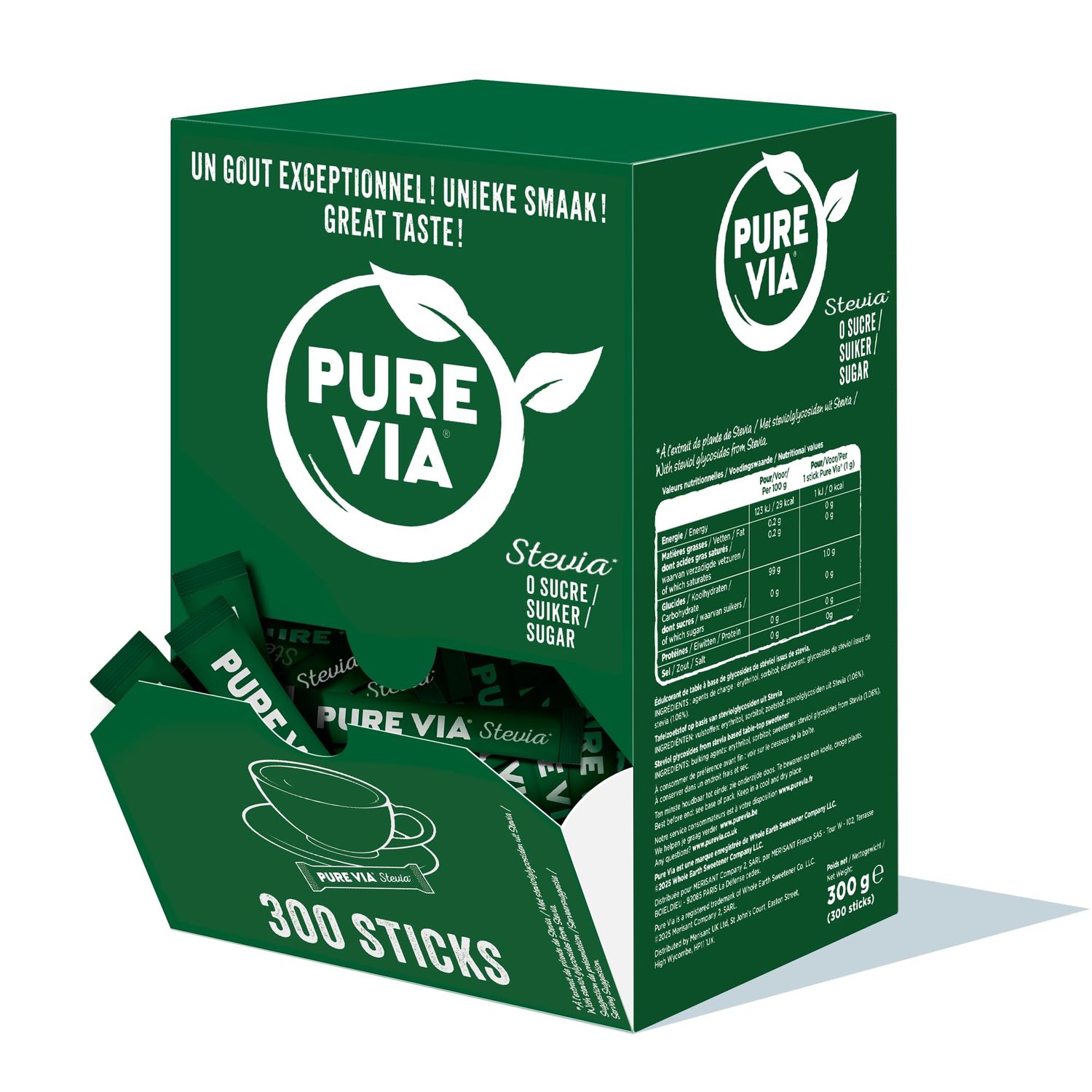 Pure Via Stevia Sticks - Zero Calories, Zero Sugar, 300 Sticks - Natural Alternative to Sugar