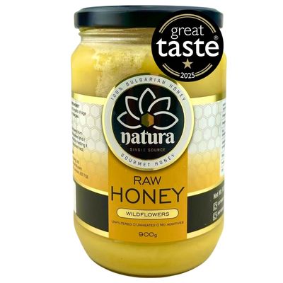 Pure Raw Honey Great Taste Award 2025 Single Source from Srebarna Biosphere Region, Unfiltered, Unpasteurized Cold Extracted in Glass Jar 900g by natura Honey