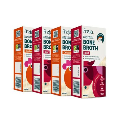 Freja Best of Instant Bone Broth Beef & Chicken 100% Natural Rich in Collagen, Protein & Amino Acids Dairy & Gluten Free 4 Boxes (4 x 15g Sachets per Box)