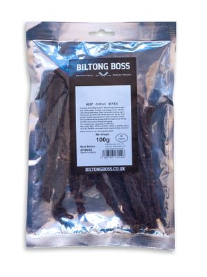 Biltong Boss, Chilli Bites (Snap Sticks), Authentic Traditional Recipe, Ready To Eat Flavoured Meat High Protein Snack, Suitable For Paleo, Keto, Atkins Diets &amp; Post-Workout, Low Sugar &amp; Carbs 100g
