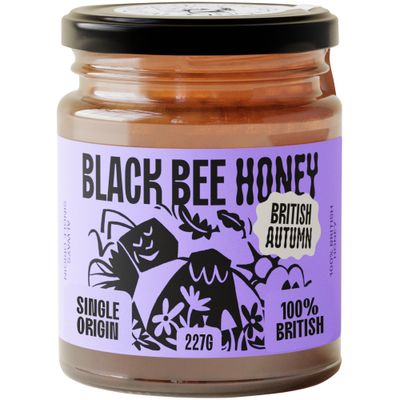 Black Bee Honey - Pure British Autumn Honey, Thick with Bold Aromatic Flavours, Unprocessed, Single Source from Hive to Jar, Never Blended - Delicious on Toast, Soothing in Drinks, 227g Glass Jar