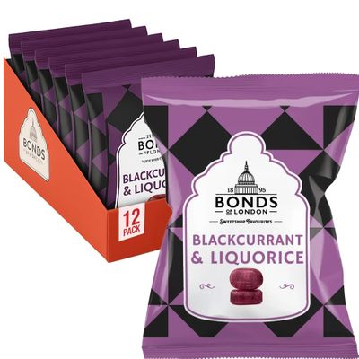 Bonds of London Blackcurrant &amp; Liquorice Bags, Retro Vegetarian Boiled Sweets With Liquorice Centre, 120 g (Pack of 12)