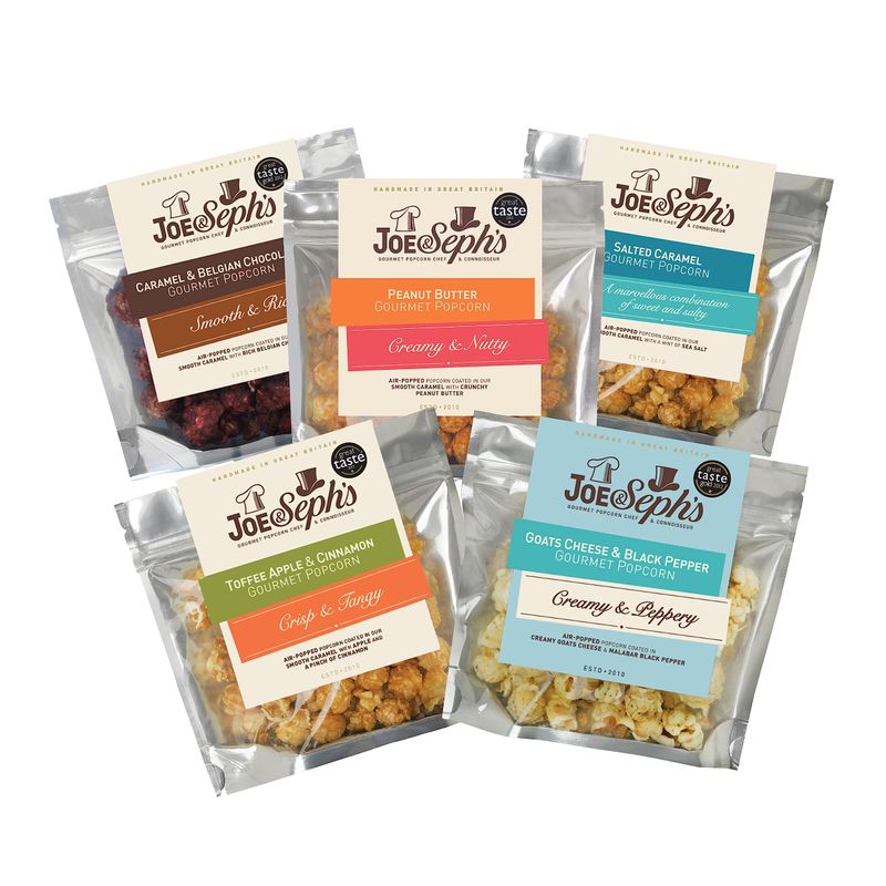Joe &amp; Seph's Bestsellers Popcorn Tasting Box (5x30g) gourmet popcorn, air-popped popcorn, 5 flavours, gifts for men and women, selection box, popcorn for a party, movenight snacks