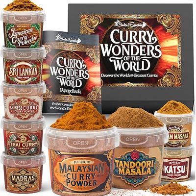 Curry Gift Set with 9 Authentic Spice Pots + Recipe Book Authentic Curry Powders Kit Spice Gift Box for Curry Lovers