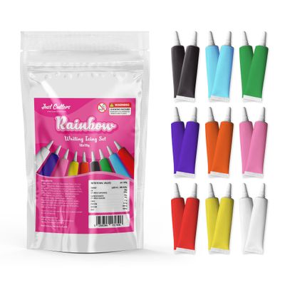 JUST CUTTERS Ready to Use Writing Icing Tubes, 342g Net Weight (18 x 19g), Instant Icing Pens for Cakes, Biscuits &amp; Baking (Multi Coloured - 18 pack)